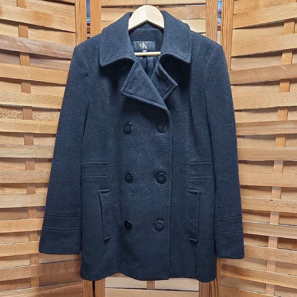 Calvin Klein Woman L Dark Charcoal Gray Peacoat Polyester Wool Button